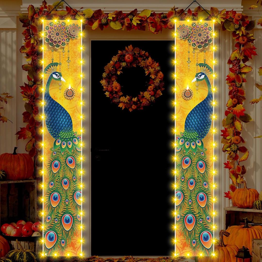 Happy Diwali Porch Banner with Lights Indian Diwali Peacock Front Porch Welcome Sign Deepavali Indian Festival of Lights Decorations-1271''