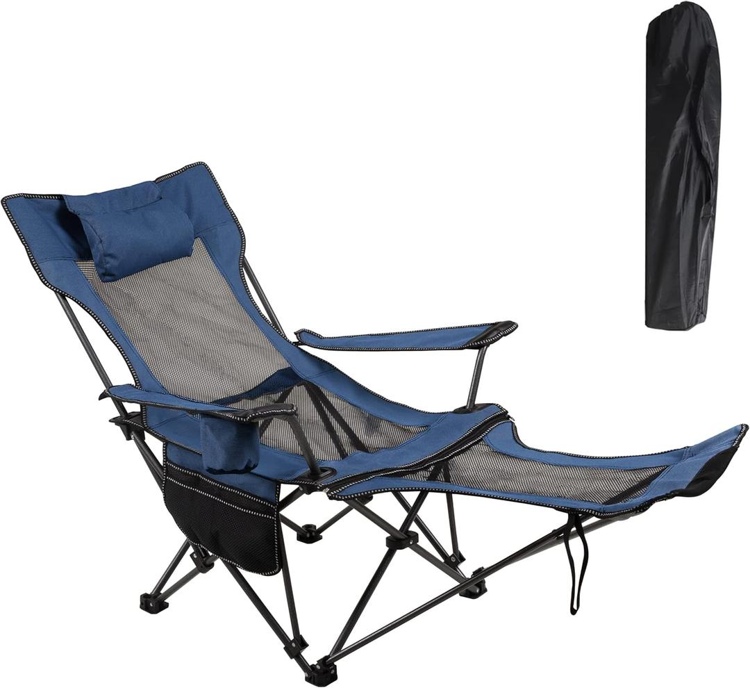 LEADALLWAY Camping Folding Chair with Foot Rest, Collapsible Camp Chair with Cup Holder and Removable Storage Bag, Heavy Duty Beach Chair for Outdoor Camp, Picnic, Travel, Fishing (Blue)