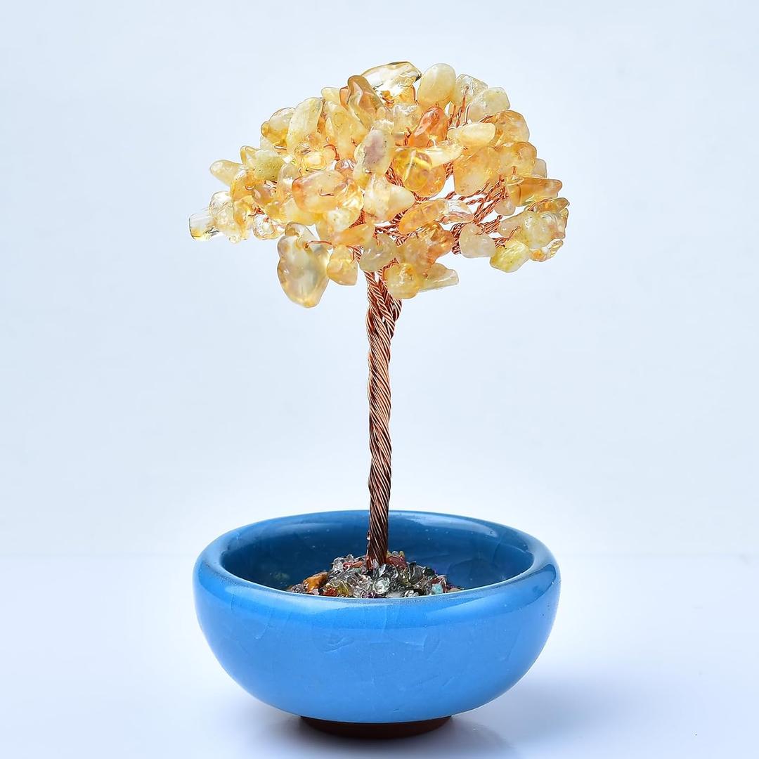 Citrine Healing Crystal Tree Natural Reiki Gemstone Tree Ceramic Base Copper Wire Tree Life Home Decor Spiritual Energy Meditation Gift for Women Men