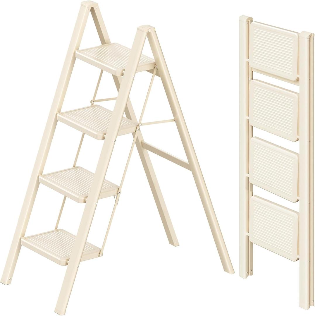 4-Step Folding Ladder Lightweight Alloy Steel Load Capacity 200kg Indoor Outdoor Foldable Stylish Step Stool Ladder Step Platform Portable Non-Slip Wide Foot Placement Safety Home Use