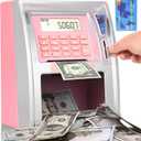 BKstar Kids Talking ATM Piggy Bank for Real Money with Dual Debit Cards, Power-Off Memory, Auto-Opening Drawer, Onekey Shutdown, Bill Feeder, Coin Recognition, Balance Calculator Machine (Pink)