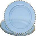 PLASTICPRO Translucent Blue with Gold Rim Plastic Charger Plates with Beaded Edge Pack of 8 13" Elegant Round Disposable Chargers for Weddings, Events, Parties, and Dinners
