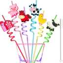 24Pcs Reusable Farm Animal Party Favors Plastic Straws-Farm Birthday Themed Party Decorations-Horse Cow Duck Sheep Pig Tractor Barnyard Farm Birthday Party Supplies-Gift Favors with 2 Cleaning Brushes