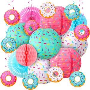 Hortsun 19 Pcs Donut Birthday Party Decorations Lanterns Hanging Donut Theme Decor Paper Lanterns Honeycomb Decorations Sweet One Birthday Party Supplies for Baby Shower Candy Ice Cream(Sweet Colors)