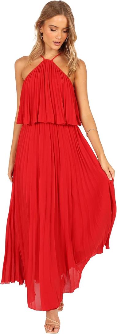 Petal & Pup Women's Gia Pleated Halterneck Maxi Dress (Medium, Red)