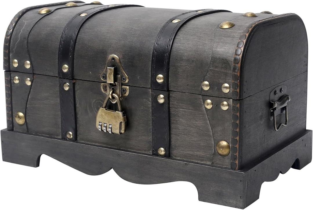 DECOR4SEASON Vintage Wooden Treasure Chest Decorative Box with Lock - 12.2" x 7.1" x 7.1", Black