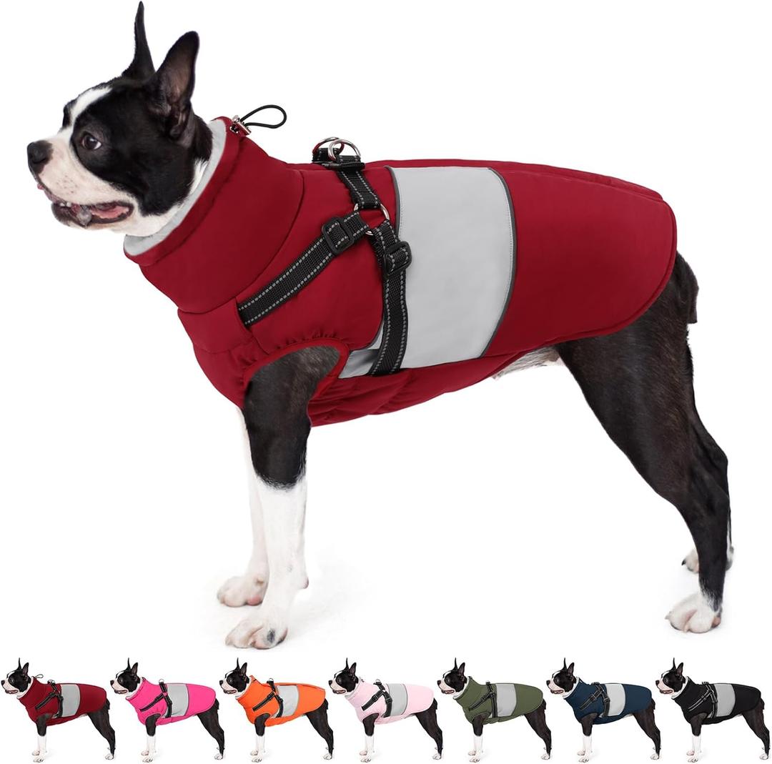 AOFITEE Dog Coat, Waterproof Dog Jacket Winter, Dogs Coat with Harness Built in, Warm Dogs Puffer Jacket with Zipper, Reflective Pet Snowsuit Sweater for Dachshund, French Bulldog, Boston Terrier, M (Burgundy)