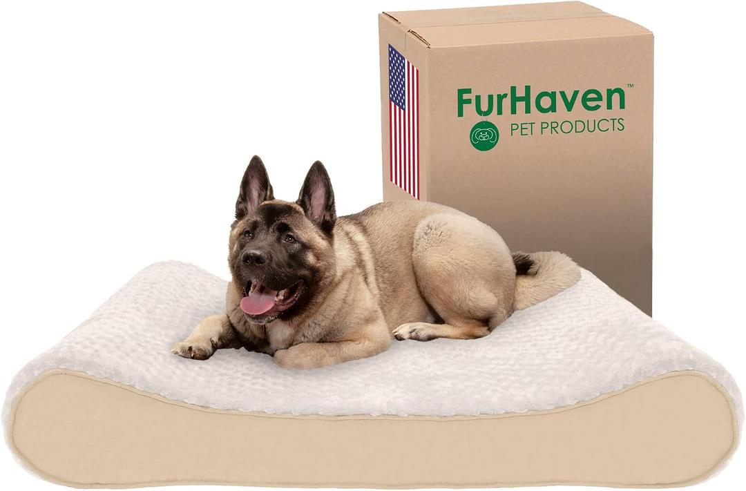 Furhaven Memory Foam Dog Bed for Large Dogs w/ Removable Washable Cover, For Dogs Up to 150 lbs - Ultra Plush Faux Fur & Suede Luxe Lounger Contour Mattress - Cream, Jumbo Plus/XXL