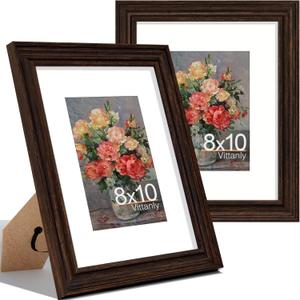 Vittanly 8x10 Picture Frames Set of 2, Ornate Vintage Photo Frame for Wall or Tabletop, Display 5x7 Pictures with Mat or 8x10 without Mat, Rustic Brown