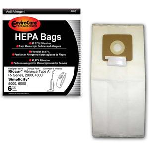 EnviroCare Replacement HEPA Filtration Vacuum Cleaner Dust Bags made to fit Riccar Vibrance Type A R-Series, 2000, 4000, Simplicity 5000, 6000 6 Pack