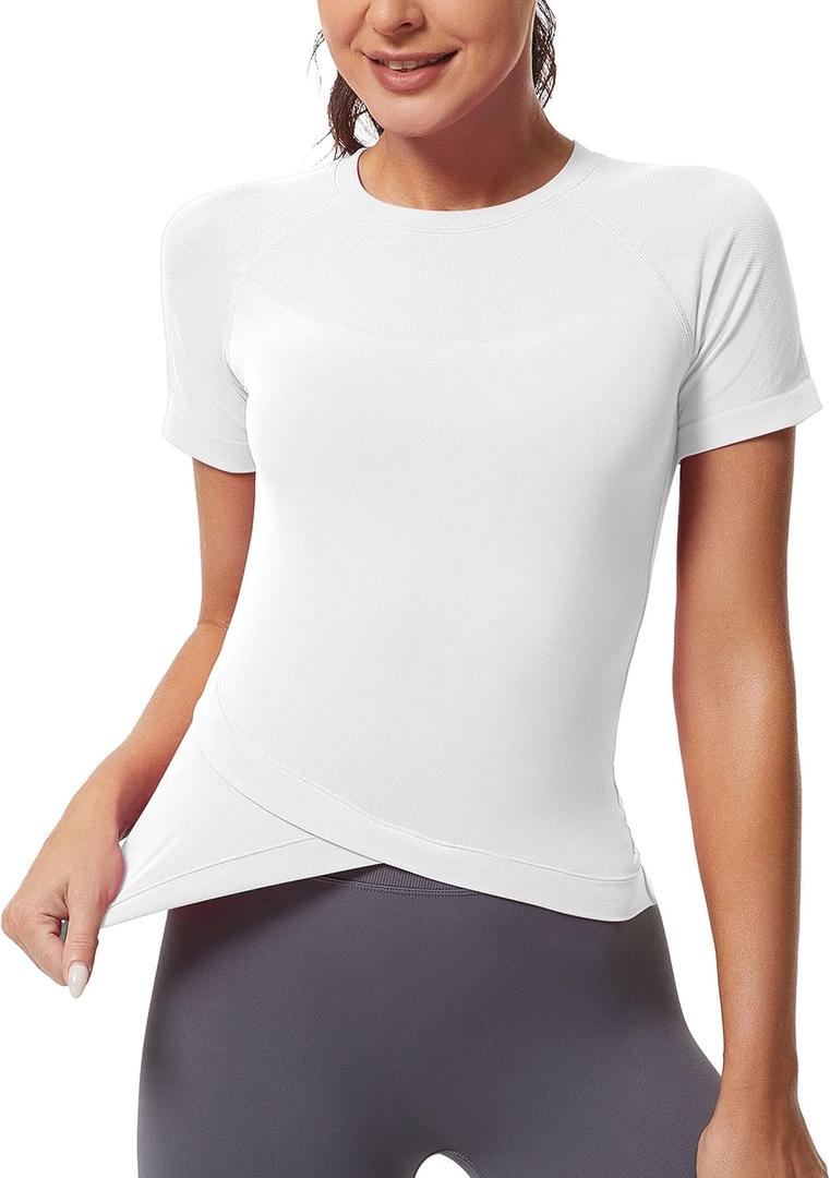 2 x MathCat Workout Shirts for Women, Workout Tops for Women Short Sleeve, Cross Hem Compression Shirts (White, XS)