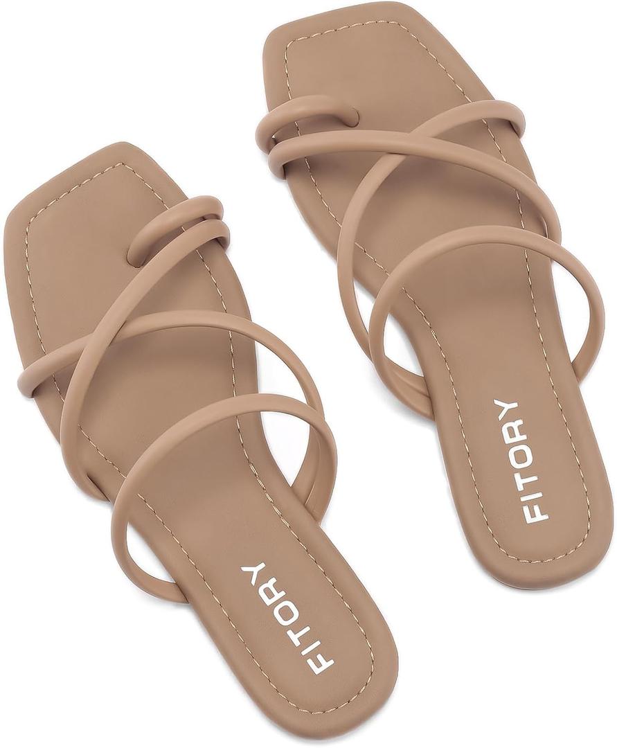 FITORY Women's Slide Sandals Flat Toe Ring Thongs with Cross Strap for Summer Size (8, Camel)