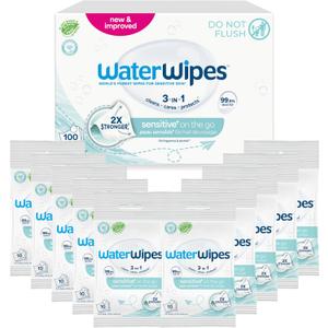 WaterWipes Sensitive+ On The Go Wipes, 3-In-1 Cleans, Cares, Protects, 99.9% Water, Unscented & Hypoallergenic Wet Wipes, 100 Count (10 Packs)