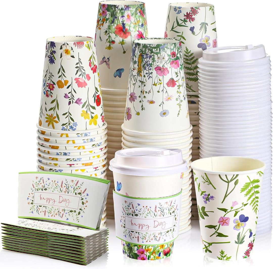 Remerry 100 Pcs 12oz Floral Disposable Coffee Cups with Lids and Sleeves Paper Insulated Drink Hot Coffee Paper Cups with Dome Lids and Sleeves for Party Wedding Birthday Baby Shower (Stylish)