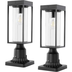 LUTEC 2 Pack Solar Post Lights, Dusk to Dawn Aluminium Lamp with Pier Mount Base, Exterior Black Solar Fence Light Outdoor Waterproof for Garden Yard Patio
