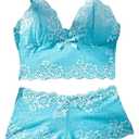 Lilosy Sexy Women Lace Pajamas Lingerie Set High Waist Sheer Sleepwear See Through Nightwear Bow Ties Cami Shorts Bra and Panty 2 Piece Floral Light Blue Medium