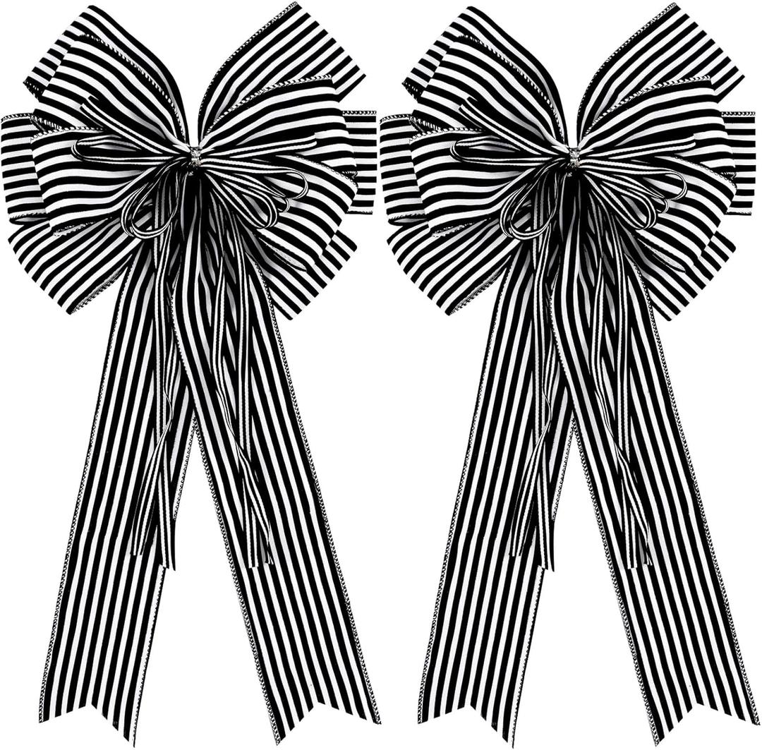2 Pack Black White Stripe Halloween Fall Bows for Wreaths, 12”x20”Black and White Christmas Decorations Bow for Tree Topper Gothic Spooky Holiday Birthday Party Wall Home Front Door