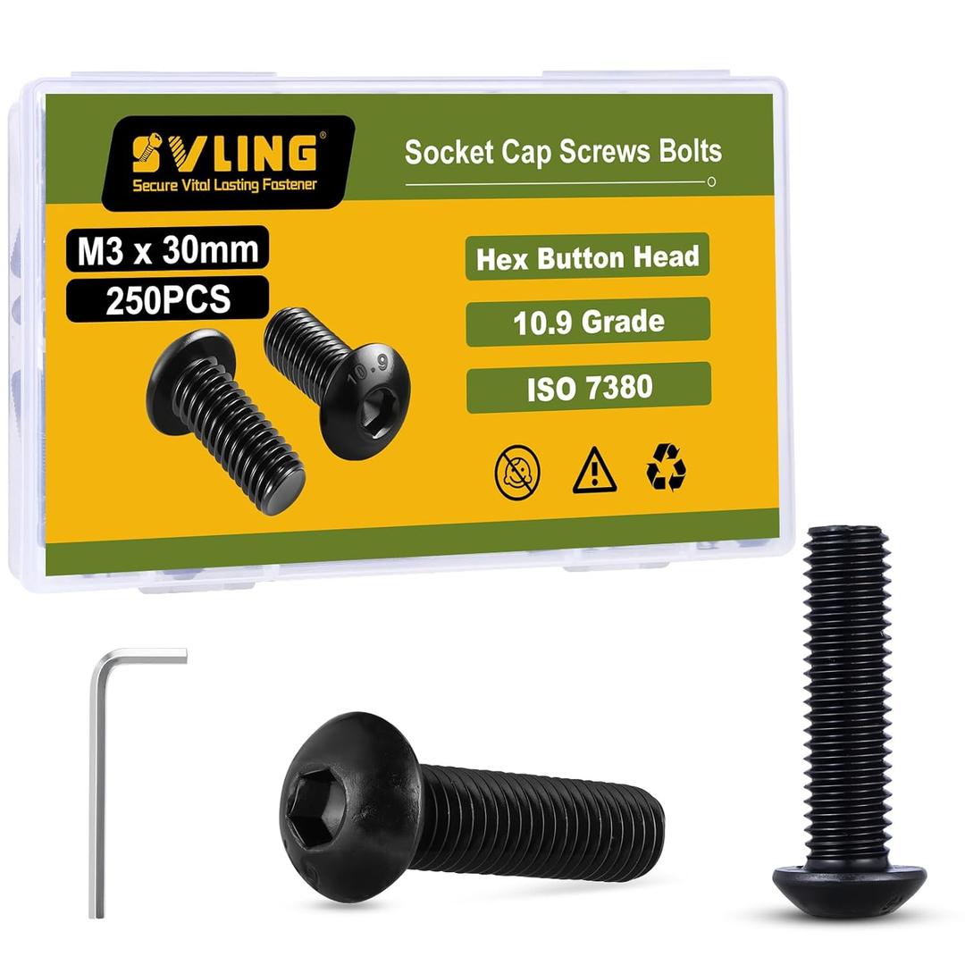 M3 x 30mm 250PCS Button Head Hex Socket Cap Screws Bolts, 10.9 Grade Alloy Steel, Allen Hex Drive, Full Thread, Black Oxide, with Hex Spanner