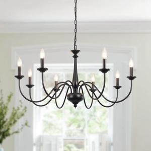 Black Chandelier Farmhouse 8 Light Chandeliers for Dining Room Rustic Hanging Light Fixtures for Kitchen Island Living Room Bedroom Entryway Hallway Stairway Foyer