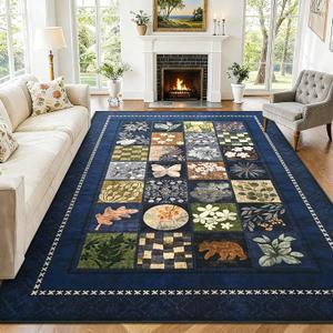 Large Area Rug 7x10, Floral Geometry Rugs for Living Room, Non Slip Low Pile Print Rug Indoor Carpet Bedroom Office Dining Kids Room Playroom Apartment Home Decor (Navy Blue, 7x10ft)