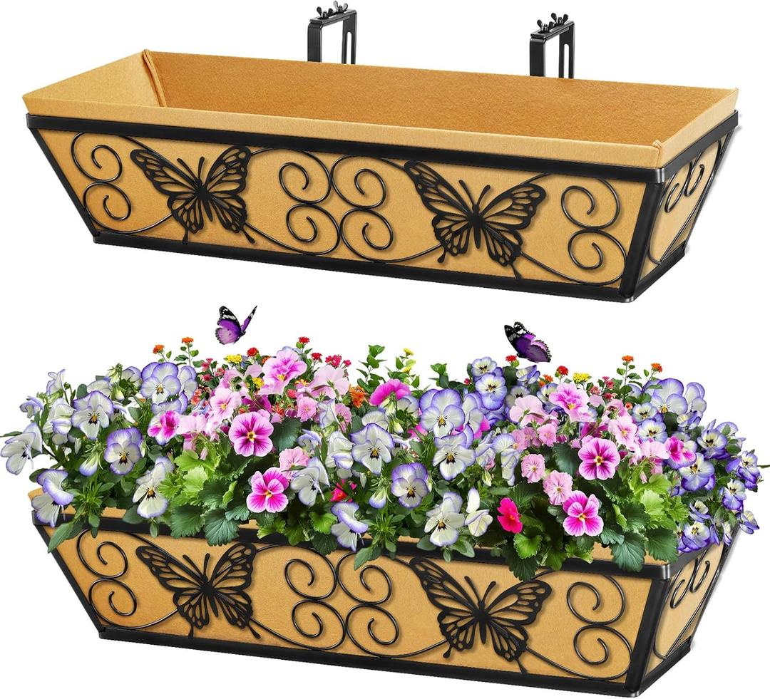 2 Pack 24 Inch Window Boxes Planters Railing Planter Box with Adjustable Brackets for Porch Fence Patio Balcony Hanging Flower Baskets with Woven Fabric for Outdoor Garden Decor - Black