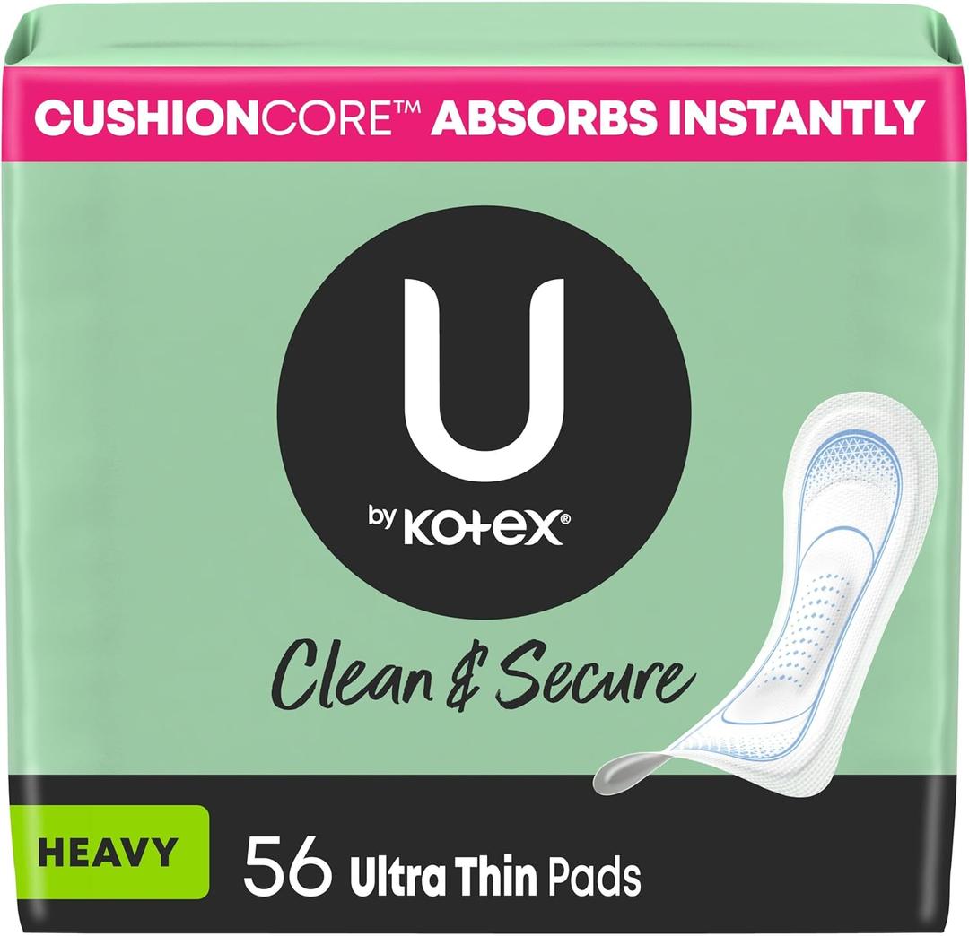 U by Kotex Ultra Thin Pads, Clean & Secure, Heavy Absorbency, 56 Count 