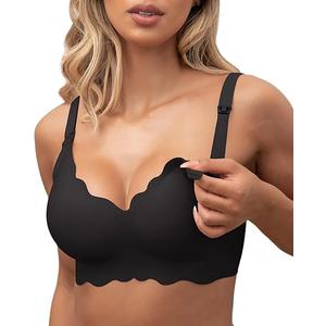 Easybunny Scalloped Nursing Bras for Breastfeeding Seamless Wireless Maternity Bras for Pregnancy Soft Sleep Support Bra (Black, Large)