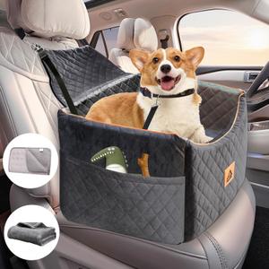 Dog Car Seat for Small/Med Dogs, Booster with Memory Foam, Detachable Cover, 2 Storage Pockets, Seat Belt Included (Gray, M)