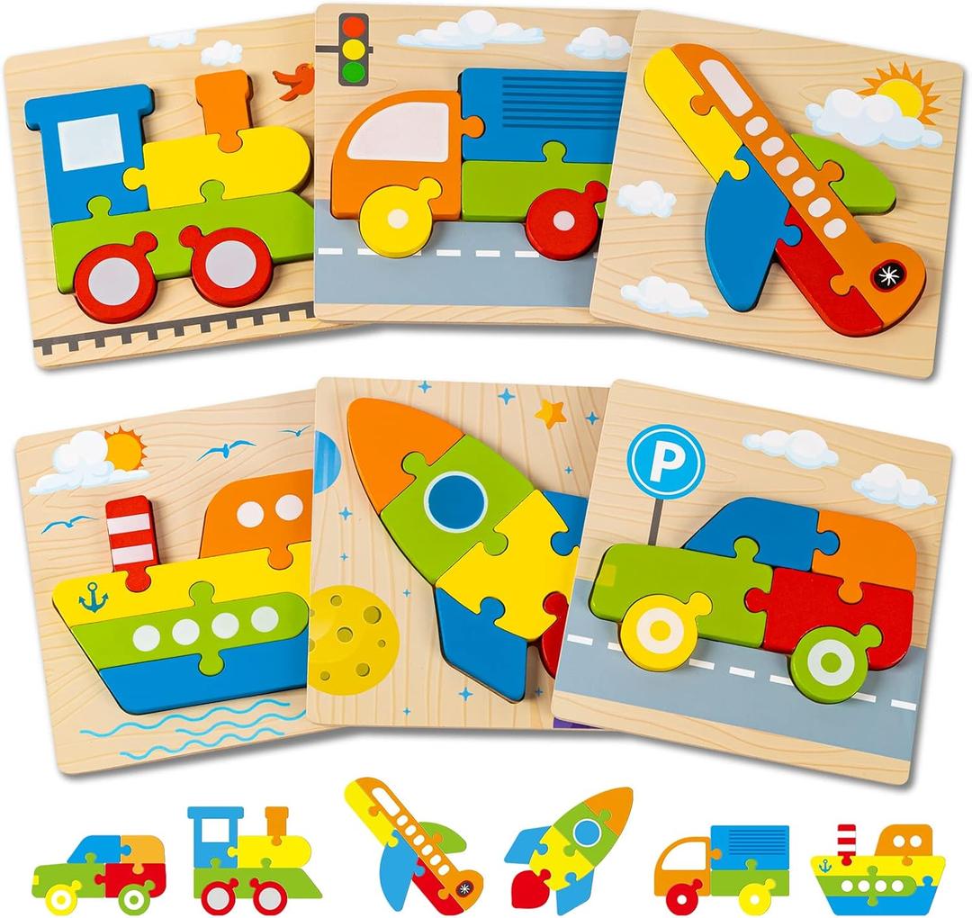 Wooden Vehicle Puzzles Toy Gift for 1, 2, 3 Years Old Boys Girls, Toddler Best Birthday Gift with 6 Vehicle Baby Montessori Color Shapes Learning Puzzles - Kids Educational Developmental Toys