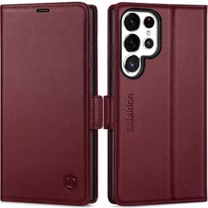 SHIELDON Wallet Case for Galaxy S25 Ultra 6.9", Genuine Leather Folio Magnetic Cover RFID Blocking Credit Card Holder Kickstand Shockproof Case Compatible with Galaxy S25 Ultra - Wine Red