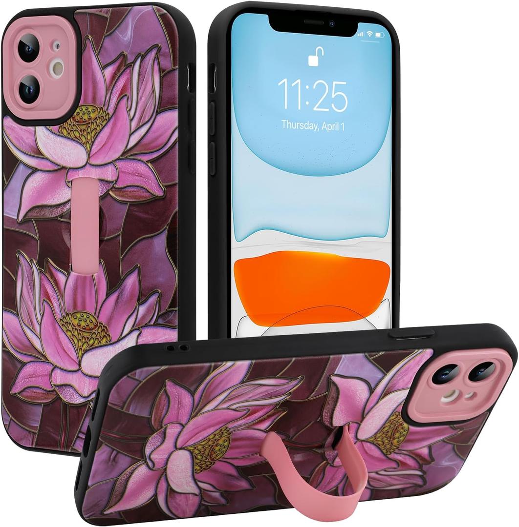 MOWIME Compatible with iPhone 11 Case with Finger Strap, Lotus Floral Shockproof Soft TPU Protective Cover for Women Girls, Slim Anti Scratch Case for iPhone 11 6.1 Inch, Pink