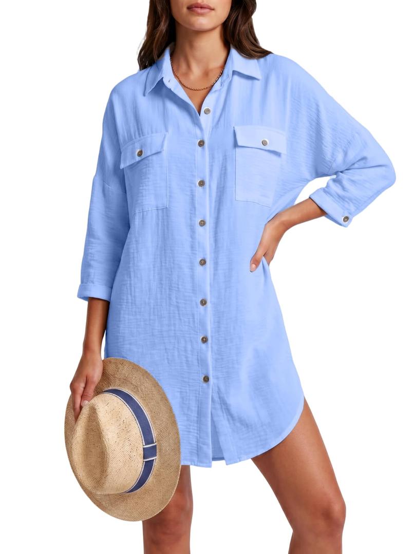 Breezy Lane Womens Swimsuit Cover Up Button Down Long Sleeve Beachwear Blue (M)
