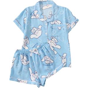 WDIRARA Women's Two Piece Animal Print Short Sleeve Button Shirt and Elastic Waist Shorts Pajama Set (X-Large, Blue Cute)