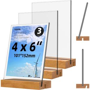 4x6 Inch Acrylic Sign Holder with Wooden Base, Desktop Display Stand (4x6 3Pack)