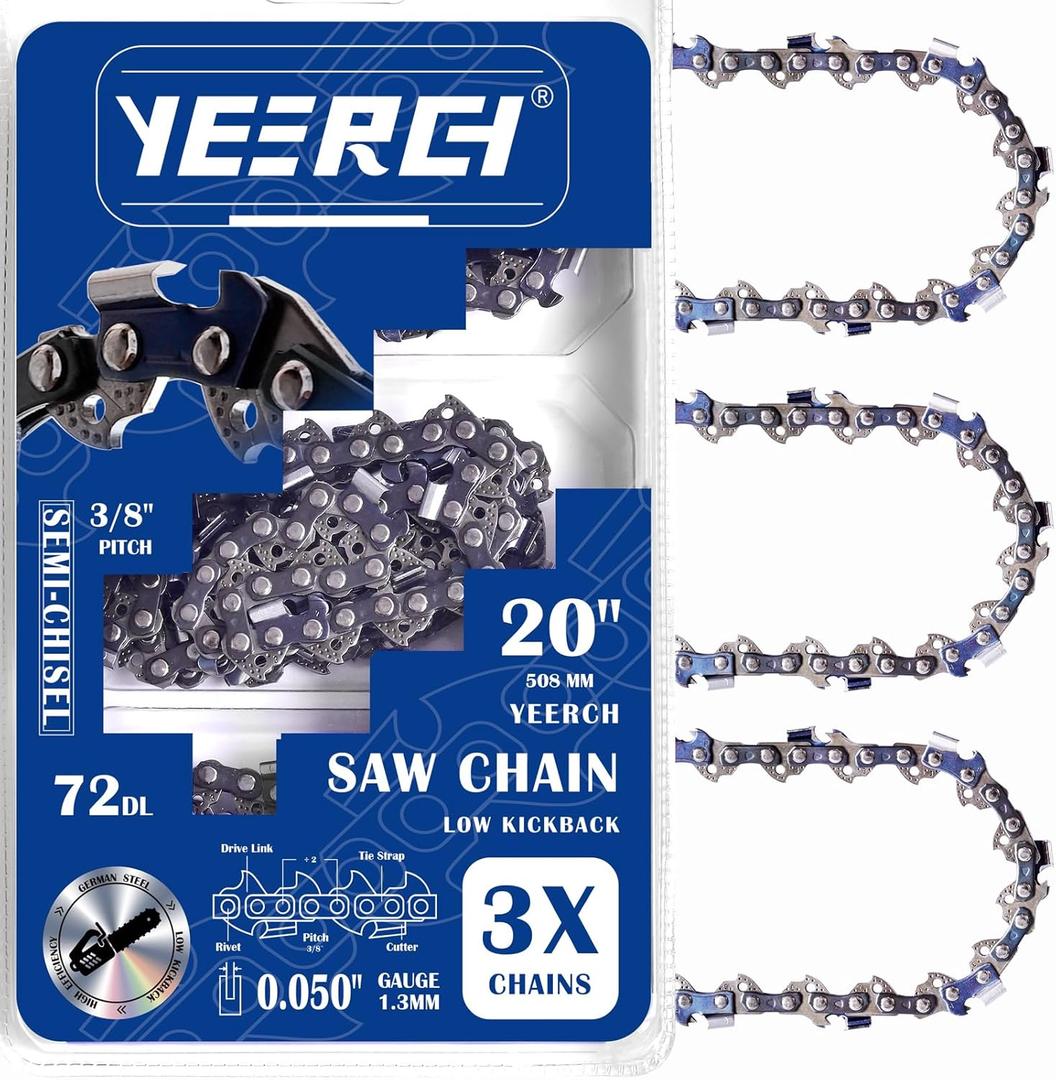 20 Inch Chainsaw Chain 3/8" Pitch .050" Gauge 72 Drive Links Semi-Chisel, 20 Chainsaw Chain Replacement for Stihl Chainsaw Chain 20 Inch & Husqvarna 20 Inch Chain, Fits Husqvarna 455 Rancher (3 Pack)