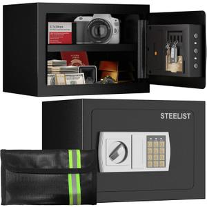 Safety Box, 1.0 Cu Ft Stack on Safe, Cash Safe with Key and Digital Keypad, Safes for Home Use Fire and Water Proof, Security Box with Removable Shelf, Safes for Hotel, Dorm and Business (Black)