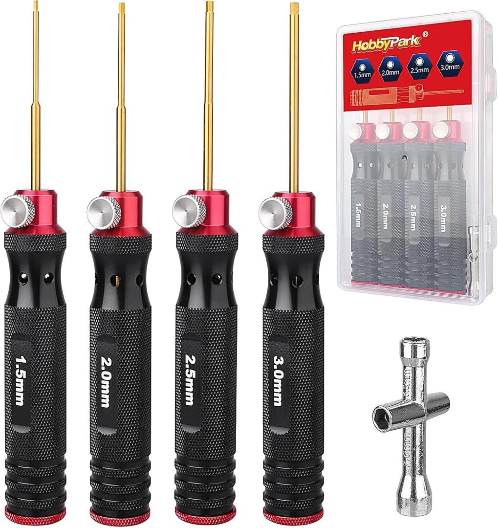 HobbyPark Titanium Hex Driver Allen Screwdriver Set 1.5mm 2.0mm 2.5mm 3.0mm Extended Thickened Handle for RC Crawler RC Car Truck Buggy On Road Touring Drift (Black & Red Handle)