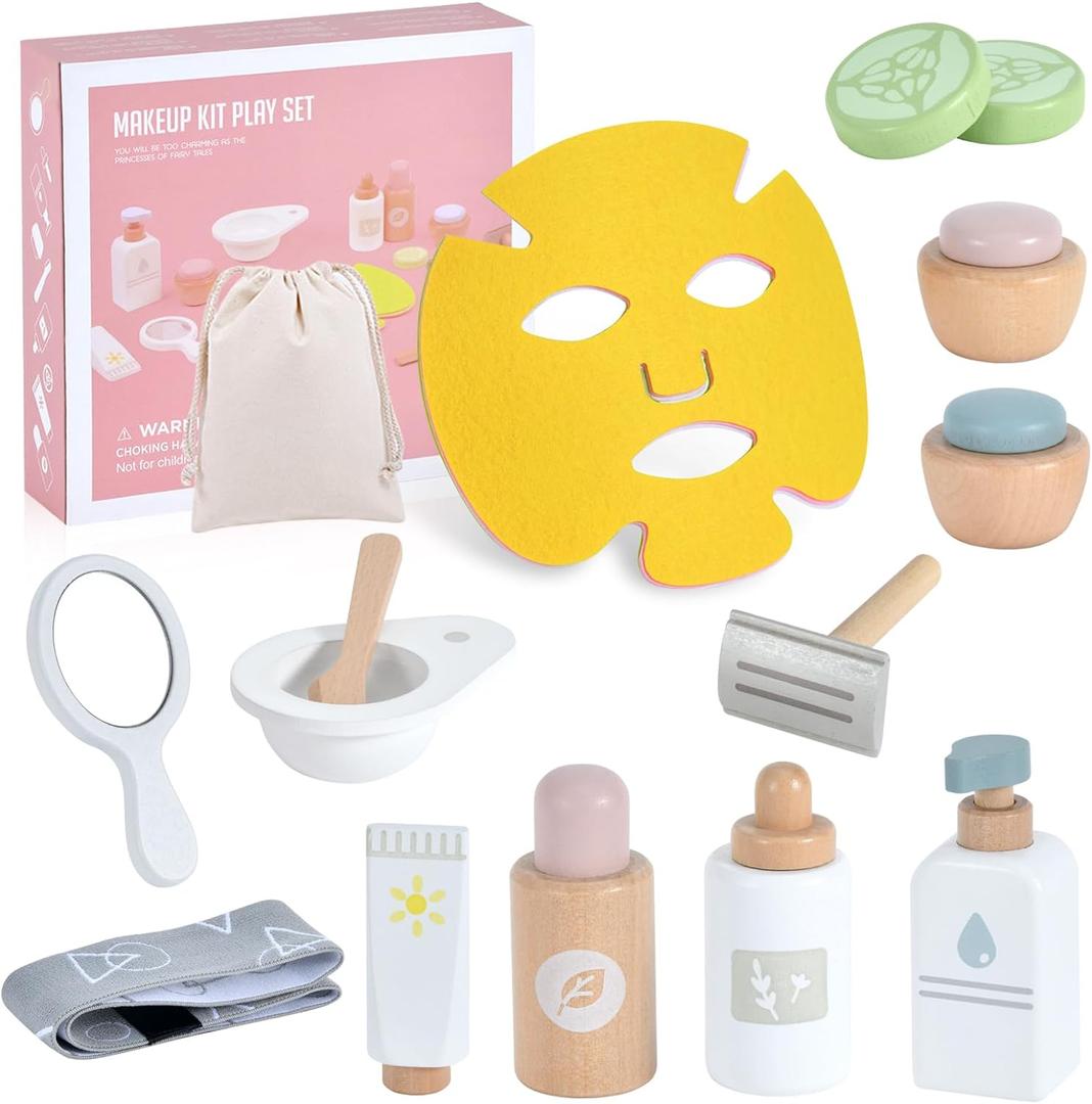 WHOHOLL Wooden Makeup Toy Set, Pretend Beauty Salon Toys Skin Care Learning Toys for Toddler, Daycare Toys Christmas Birthday Gift for 2 3 4 5+ Year Old Girls - Facial Cleanser, Mirror, Face Mask