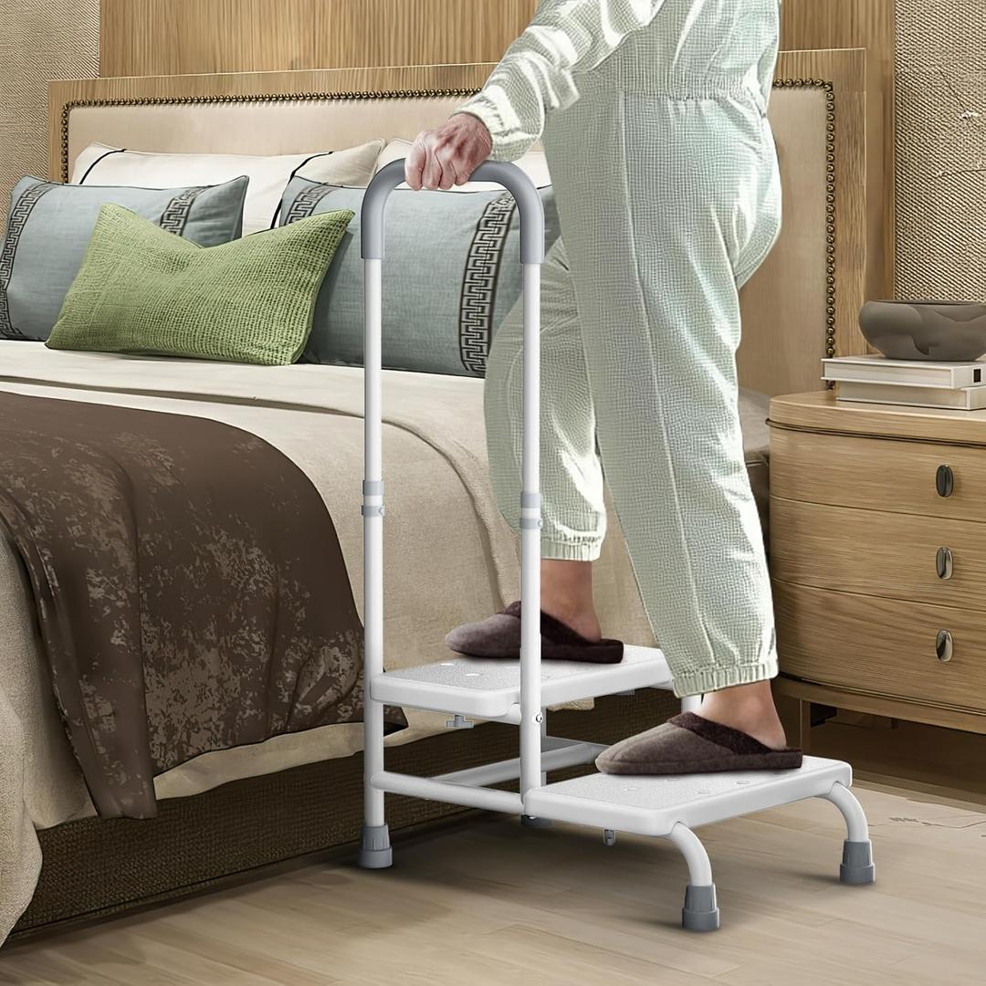 FORTEMOTUS 2 Step Stool with Handle for Elderly - Heavy Duty Bed Steps for High Beds for Adults with Adjustable Handrail &Non-Skid Platform, Foot Stool Ladder for Bedside, Kitchen, Car, RV, Bathtub (White)
