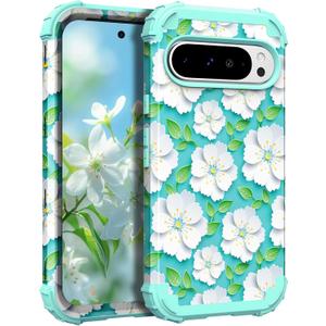 Hocase for Google Pixel 9 Pro XL Case, Shockproof Heavy Duty Protection Hard Plastic+Silicone Rubber Bumper Hybrid Protective Case for Google Pixel 9 Pro XL 6.8" 2024 - White Flowers in Teal