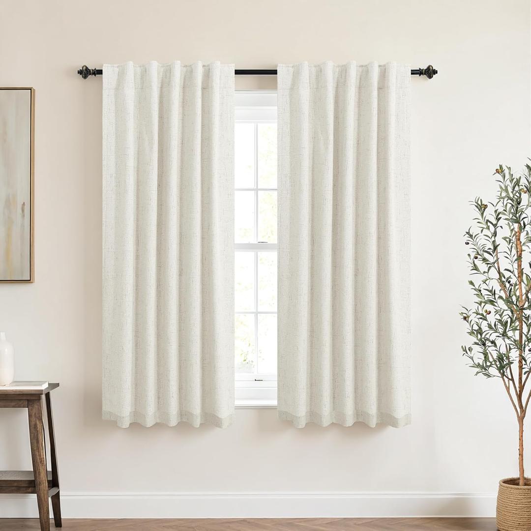 KOUFALL Short Curtains 48 Inches Long for Windows, Black Out Linen Rod Pocket Blackout Curtains for Bedroom, Cream Beige