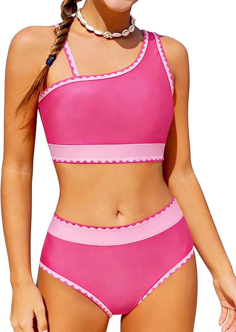 Funnycokid Girls Swimsuit Two Piece Bathing Suit Adjustable Straps Kids Bikini Sets Teens Swimwear 9-16Y (11-12 Years, Hotpink)