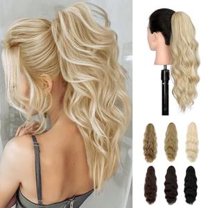 Wodelanle Ponytail Extension, 20 Inch Drawstring Ponytail Extension Long Blonde Wavy Pony Tails Hair Extensions Synthetic Clip in Fake Ponytail Hairpiece for Women(Mix Blonde)
