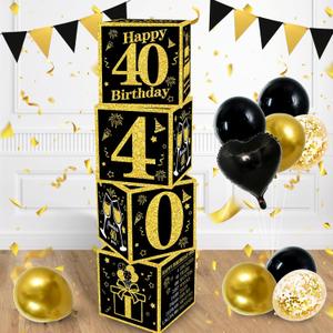 TONIFUL 4 Pcs 40th Birthday Decorations Balloon Boxes for Men Women, Fourty Years Old Cardboard Box Party Supplies, Black and Gold 40th Birthday Party Decoration