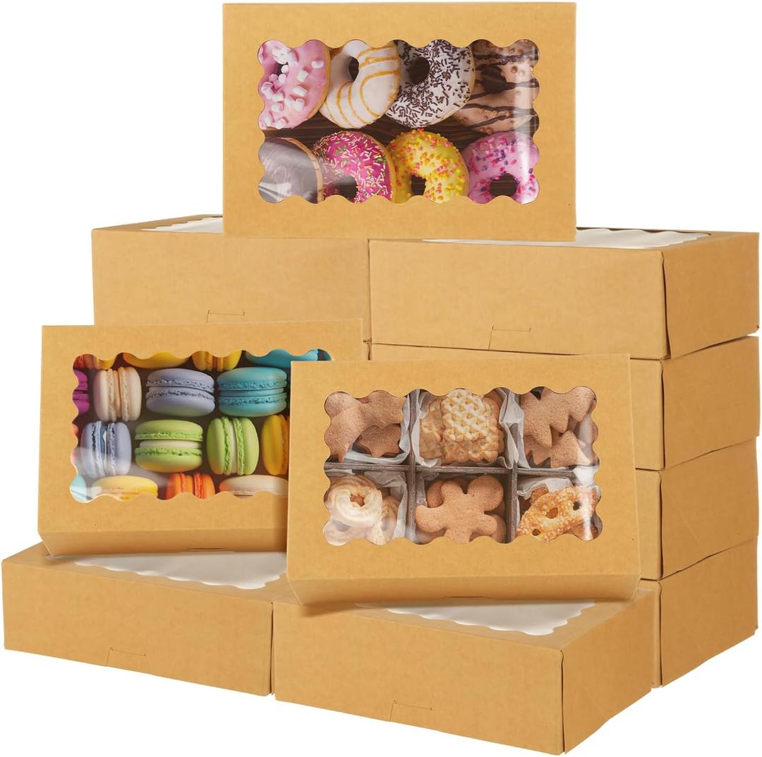 50Pcs 9x6x3 Inch Cookie Boxes with Window, Loaf Cake Boxes Brown Pastry Containers Bakery Boxes for Roll Cakes, Candies and Pastries, Desserts, Muffins, Donuts