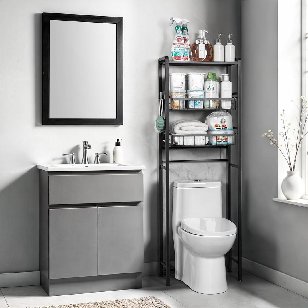 Over The Toilet Organizer - 3-Tier Bathroom Storage Cabinet Over Toilet - with Sliding Drawers & Metal Hooks - Over Toilet Shelf Cabinet - Sturdy Carbon Steel - Suctions to Wall - Space Saving - Black