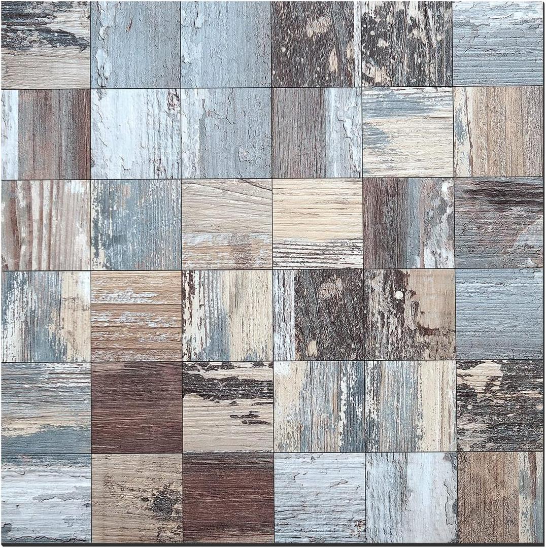 Peel and Stick Tiles (AC Distressed Blue, 3.5MM Thick 12"x12" 5pc/Pack) Vinly for Kitchen Decor DIY, Vintage Toned Mosaic Pattern, for Fireplace, Laundry Table, Bathroom Car Camper (Distressed Barn Wood)