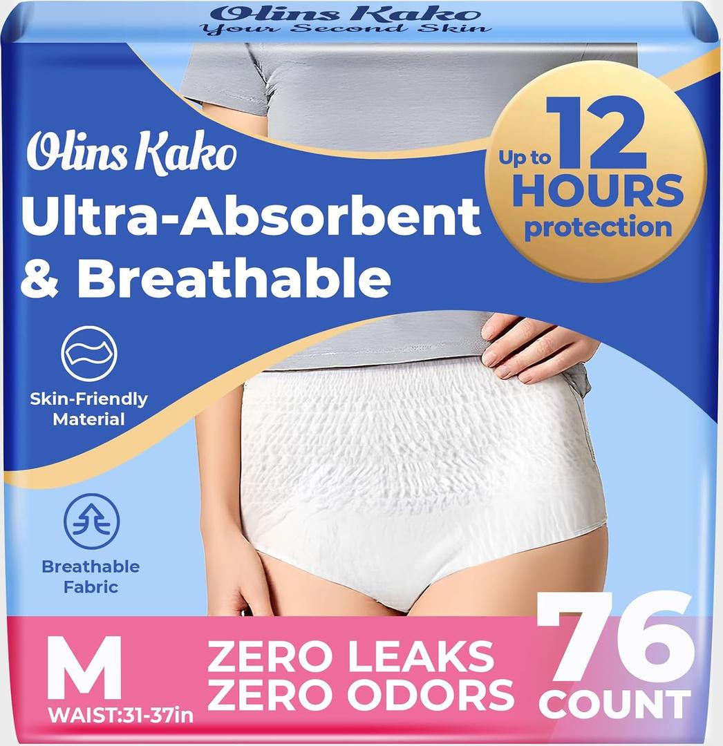Adult Incontinence & Postpartum Bladder Leak Underwear for Women, Ultra Absorbent Breathable Women's Daily Use Pull-On Panties, Leak-Proof Comfortable Fit, Maximum Absorbency, Medium Size, 76 Count