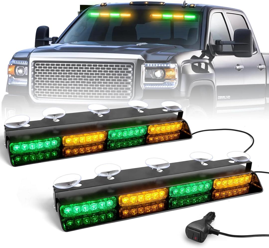 HLauto 6Z4J Emergency Dash Strobe Lights: 2x16.8 inch Green Amber Safety Lights, 48 LED Flashing Warning Hazard Interior Windshield Visor Traffic Light Bar for Trucks, Construction Vehicles, #03 Amber/Green