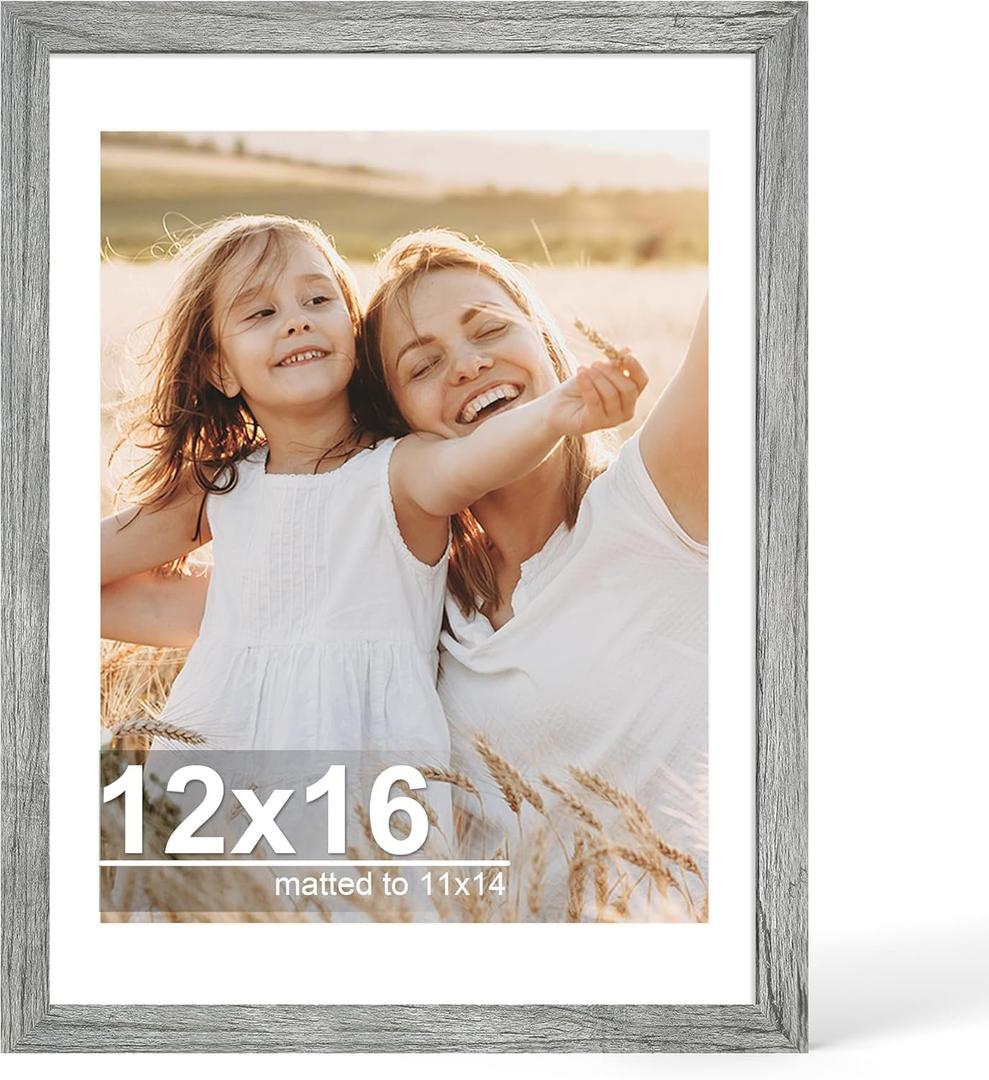 Hongkee 12x16 Picture Frame with Glass, Display Picture 11x14 with Mat or 12x16 Without Mat, 11 by 14 Photo Wooden Frames for Wall Mounting (Grey, 1 Pack)